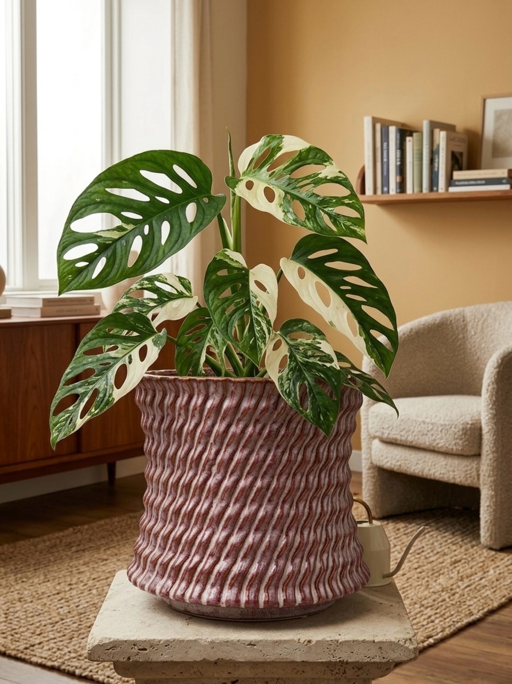 Wavy Pink Ceramic Planter with Drainage Hole, 7 Inch Rippled Flower Pot